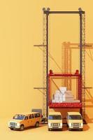 Shipping containers hanging from a crane with trailer and scooter bike and van. 3d global business commerce concept. 3D Rendering photo