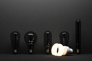 Glowing light fluorescent bulb LED isolated on black concrete background surrounded by incandescent lamp - 3D Rendering photo