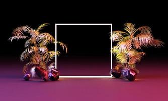 Bright led lighting glow from geometric shapes, neon cyberpunk background with tropical leaves 3d rendering photo