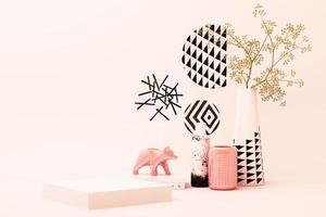 abstract geometric shape pastel pink color scene minimal with decoration and prop, design for cosmetic or product display podium 3d render photo