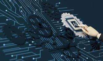 Artificial intelligence web banner. of a processor chip. The process of data processing. Developments in modern technologies. Microcircuits on neon glowing background. 3D rendering photo