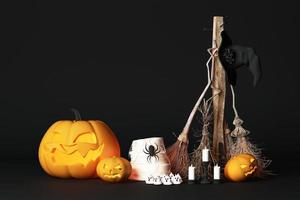 Halloween pumpkin, jack o lantern, with witch's hat and bloom and spider, black floor and dark background. 3D rendering. photo