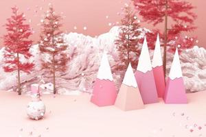 Beautiful Christmas winter snowy landscape background of yellow tone color with mountains and low poly fir trees. 3d rendering photo