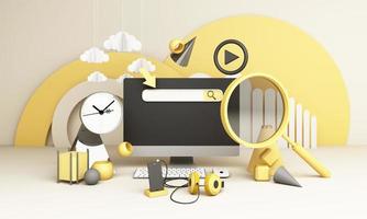 Information search bar Surrounded by electronics, watches, computers and phones with magnifying glass. On a geometric background In yellow and gray tones 3d render photo