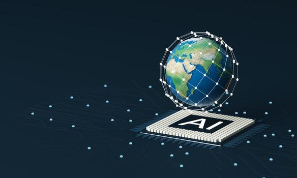 AI, Artificial Intelligence concept AI circuit board with electronic system wiring with a globe background, 3d rendering,conceptual image. photo