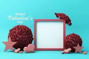 Valentine's day concept background with Balloon dog red and pink hearts star rose with white square frame and love decoration 3d rendering photo