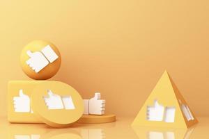 Thumb up symbol, finger up icon, like icon on yellow geometric shapes. 3d rendering photo