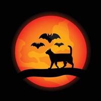 happy hallowen template, black cat and bat silhouette on orange moon vector