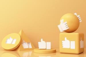 Thumb up symbol, finger up icon, like icon on yellow geometric shapes. 3d rendering photo