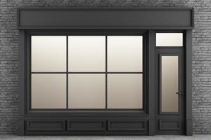 Shop Front. Exterior horizontal windows empty for your store product presentation or design loft style with brick wall 3d rendering photo