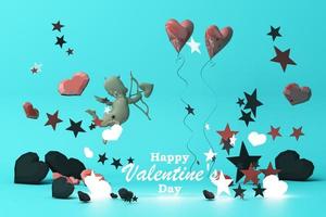 Valentine's day concept background with Balloon dog red and pink hearts star rose with white square frame and love decoration 3d rendering photo