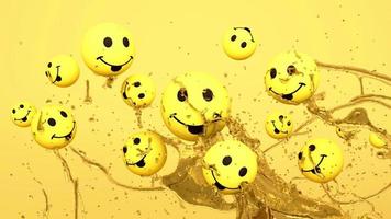 Emojis icons with facial expressions smile yellow face ball with water splash. Social media concept. Yellow background 3d rendering photo