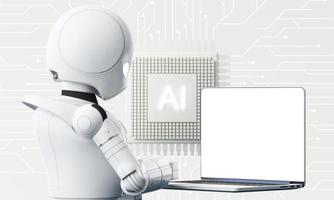 Robot cybernetic organism works with a virtual HUD interface in reality and Ai chip with cogwheel. Humanoid robot with a plastic face presses on the digital screen. Future concept. 3d rendering photo