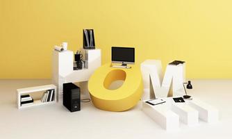 Information search bar Surrounded by electronics, watches, computers and phones with magnifying glass. On a geometric background In yellow and gray tones 3d render photo