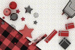 christmas frame. Red, red and black christmas decoration and cart on black background top view flat lay mockup. 3d rendering photo