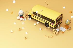 back to school ,inspiration, poster with educational equipment and school bus. 3d rendering photo