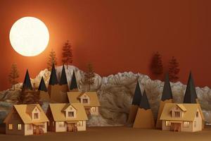 Scary house on the hill trees and full moon. concept of Halloween orange tone background. 3d rendering photo