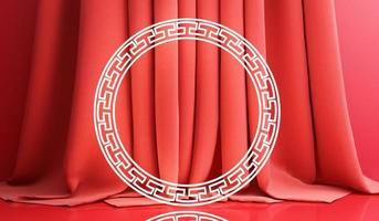 Chinese new year, Golden podium display mockup on red abstract background with geometric shape product minimal presentation, 3d rendering. photo