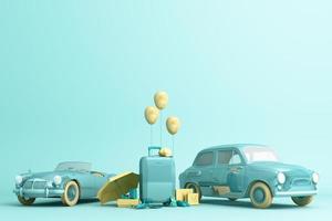 coche retro concepto con equipaje rodeado de equipo de viaje en tono de color verde. representación 3d foto