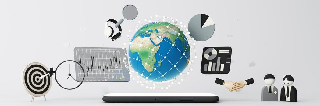 Businessman using mobile smart phone. Business global internet connection application technology and digital marketing, Financial and banking, Digital link tech, big data. cartoon model -3d rendering photo