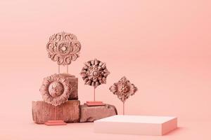 escena de color rosa pastel de forma geométrica abstracta mínima con decoración y accesorios, diseño para exhibición de cosméticos o productos podio 3d render foto