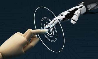 Robot hand making contact with human hand. on a background full of technology circuit boards. 3d rendering photo