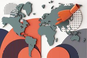 World map with human's hand concept abstract composition of geometric shapes platforms in black tone. 3d rendering photo