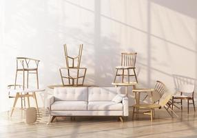 Sofa surrounding by wooden chair and armchair on wooden floor and white wall with sunlight shade from windows 3d rendering photo