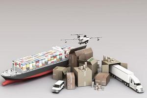 3D rendering of the crate box surrounded by cardboard boxes, a cargo container ship, a flying plan, a car, a van and a truck on white background photo