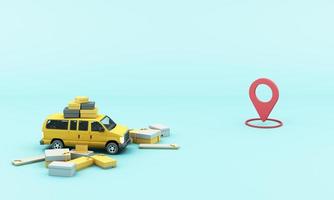 Express delivery concept  Delivery by yellow  scooter motorcycle and yellow  van with location mobile application E-commerce concept with shopping cart on blue background 3d rendering photo