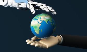 robot hand and business man hand holding the world or planet earth. Ai or Artificial Intelligence concept. concept technology industry and people work together. on blue background. 3d rendering photo