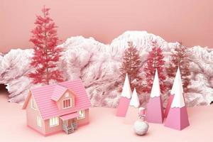 Beautiful Christmas winter snowy landscape background of yellow tone color with mountains and low poly fir trees. 3d rendering photo