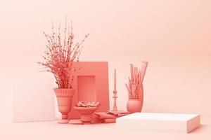 abstract geometric shape pastel pink color scene minimal with decoration and prop, design for cosmetic or product display podium 3d render photo