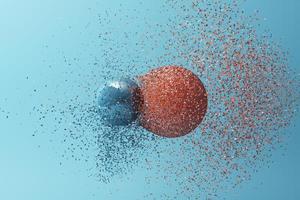 Two balls clashing together resulting in smashed breakup on white background. 3d rendering