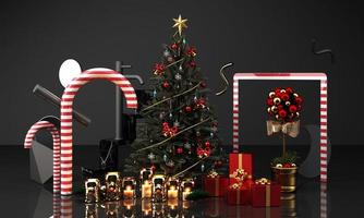 plantilla de tarjeta de felicitación de navidad con árbol de navidad y caja de regalo de dulces rodeada de forma geométrica textura dorada y negra representación 3d foto