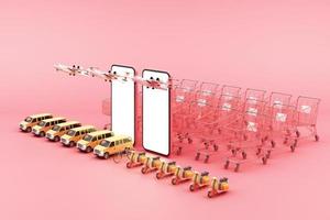 Fast delivery by scooter and van and plane on mobile E-commerce concept Online order with shopping cart and many box on pink background 3d rendering photo