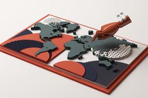 mapa mundial con concepto de mano humana composición abstracta de plataformas de formas geométricas en tono negro. representación 3d foto