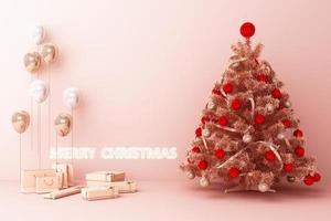 árbol de navidad y globo de oro rosa con adornos y cajas de regalo para feliz navidad. representación 3d foto