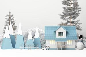 Beautiful Christmas winter snowy landscape background with mountains and low poly fir trees and house with snowman. 3d rendering photo