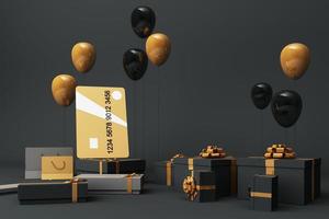 Pink credit card surrounding by a lot of giftboxs and balloons. 3d rendering photo