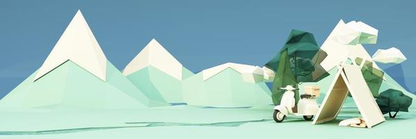 low poly cartoon style. Mobile homes van and tents camping in the national park, bicycles, ice buckets, guitars and chairs, and trees with clouds and mountains on background. 3d render wide screen photo