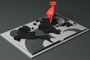 mapa mundial con concepto de mano humana composición abstracta de plataformas de formas geométricas en tono negro. representación 3d foto