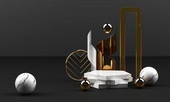 textura de mármol blanco forma geométrica y oro con acero inoxidable con grupo de objetos de vidrio conjunto 3d render escena abstracta podio en blanco con fondo negro foto