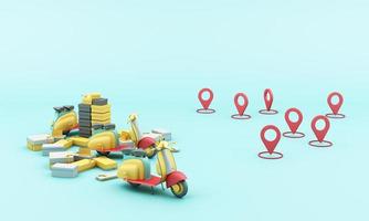 Express delivery concept  Delivery by yellow  scooter motorcycle and yellow  van with location mobile application E-commerce concept with shopping cart on blue background 3d rendering photo