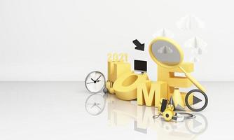 Information search bar Surrounded by electronics, watches, computers and phones with magnifying glass. On a geometric background In yellow and gray tones 3d render photo