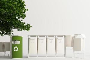 The tree is surrounded by many recyclable bins on a white background. 3D rendering. photo