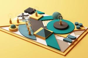 light bulbs concept abstract composition of geometric shapes platforms in green and yellow tone. 3d rendering photo