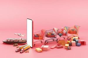 Fast delivery by scooter and van and plane on mobile E-commerce concept Online order with shopping cart and many box on pink background 3d rendering photo