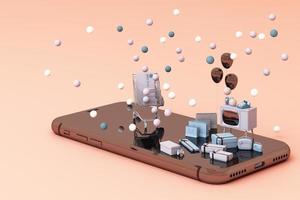 shopping online smart phone with giftbox, cart, credit card, shopping bag, in pink color tone on black background. 3d rendering photo