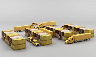 world wide cargo container transport concept in yellow tone colour with truck and van air plane on globe 3d rendering photo